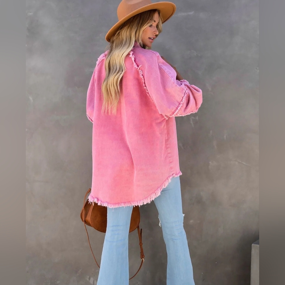 Pink Acid Wash Distressed Denim Shacket Star Cutout Frayed. Used Size M - Picture 2 of 11